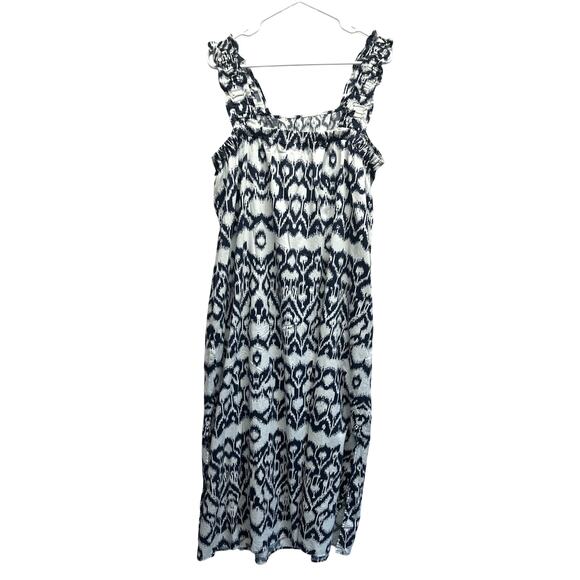 Brochu Walker Navy Ikat Print Cotton Midi Dress Large Sleeveless Ruffle Strap - Picture 8 of 12